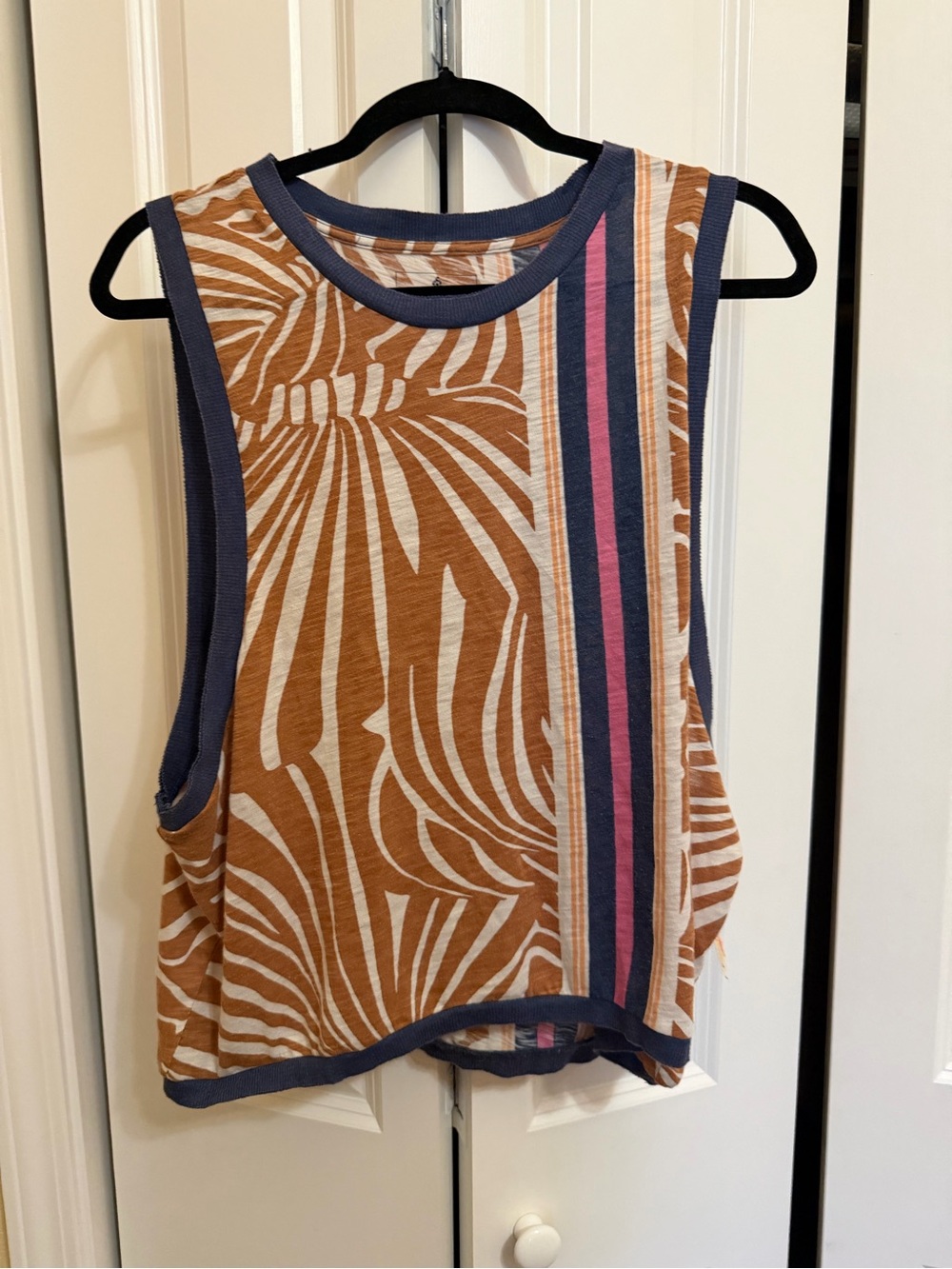 Free People Brown and Cream Zebra-Print Tank with Navy & Pink Stripe